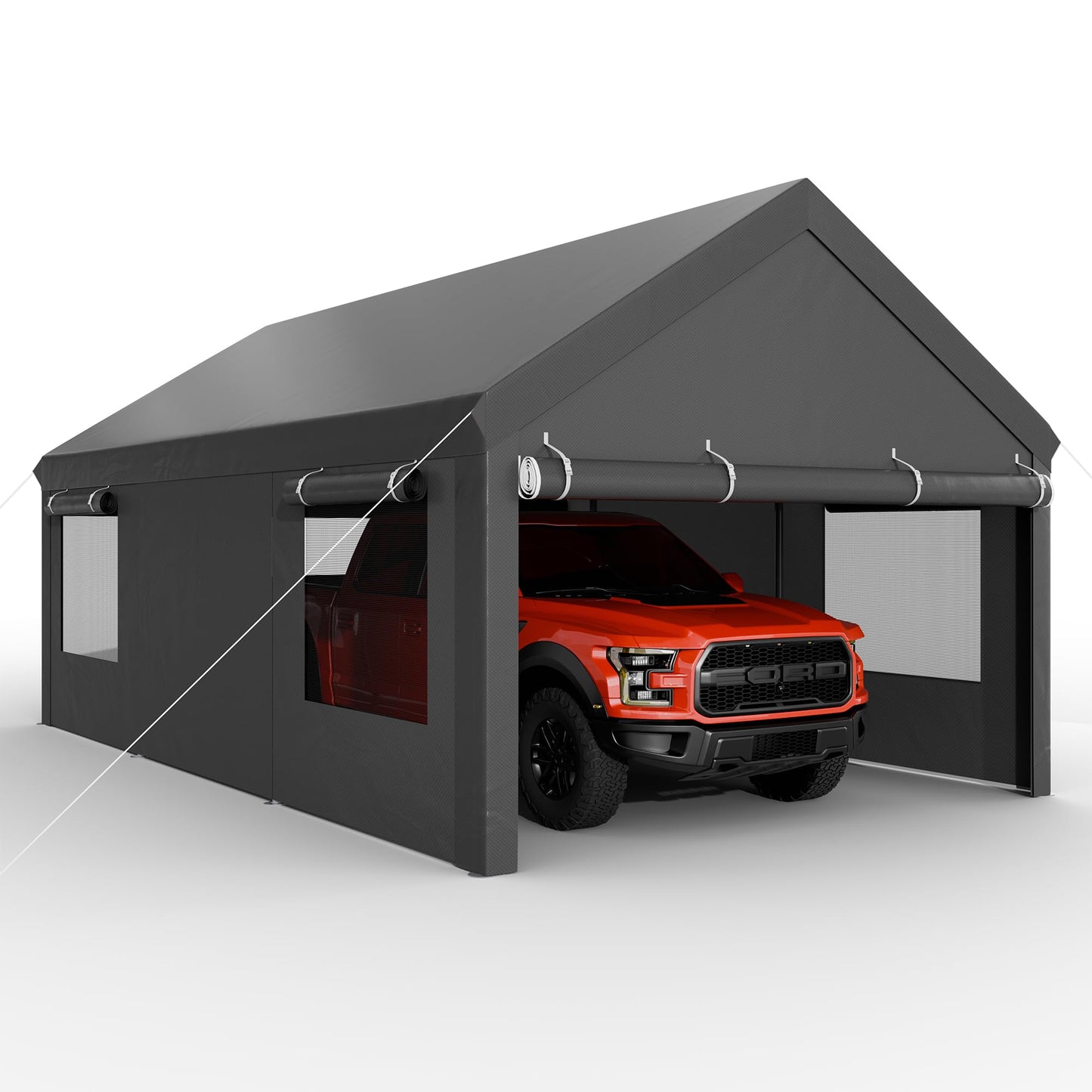 JAMFLY Carport, 12x20 Heavy Duty Carport Canopy with Roll-up Windows, Portable Garage with Removable Sidewalls & Doors, Car Canopy with All-Season