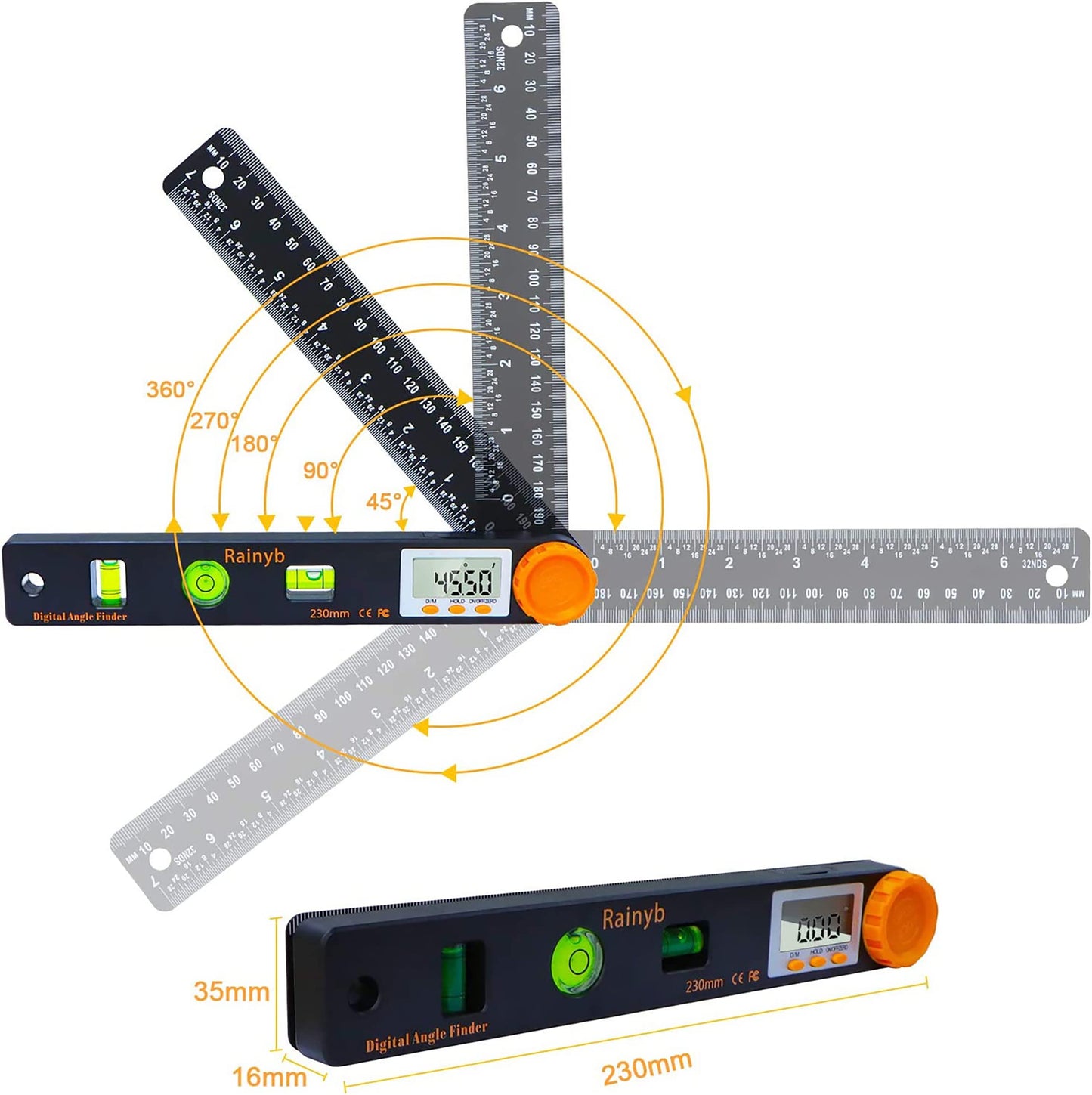 Rainyb Digital Angle Finder Tool 7inch 0-360 degree LED Digital Protractor with Horizontal Vertical Bubble Levels and Ruler Meter Accurate Tools for - WoodArtSupply