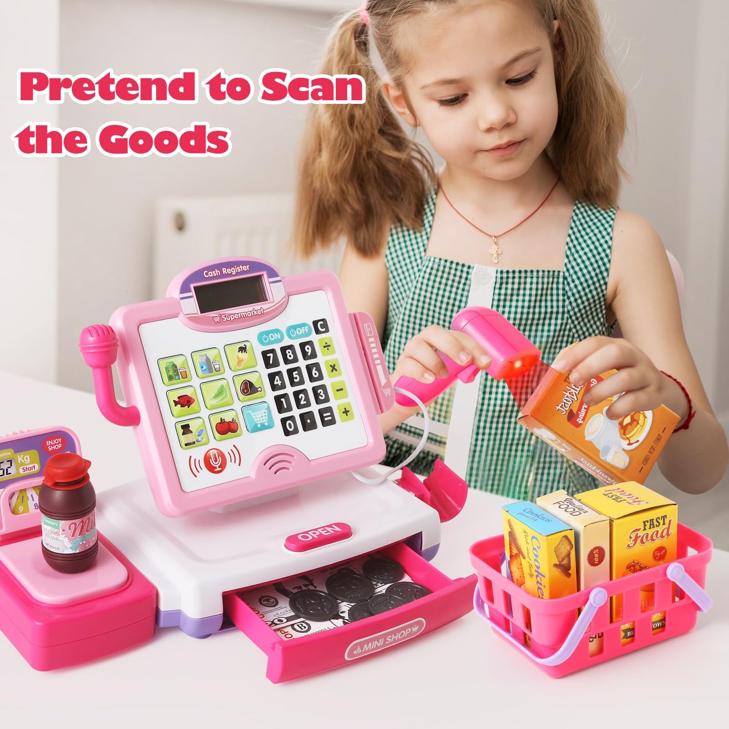 Pretend Play Calculator Cash Register Toy Gift for Kids Girls Age 3, 4, 5, 6, 7, 8+ Year Old, 57 Pcs Pink Grocery Store Playset, Incl Microphone, BAODLON