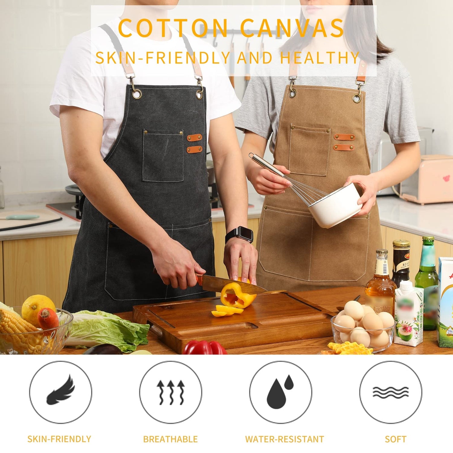 Tosewever 2 Pack Canvas Cross Back Chef Apron for Men Women with Pockets, Cotton Tool Aprons for Cooking Kitchen BBQ Artist (Black, 2 Pack) Tosewever