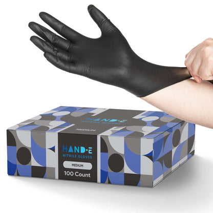 Hand-E Touch Black Nitrile Disposable Gloves Medium, 100 Count - BBQ, Tattoo, Hair Dye, Cooking, Mechanic Gloves - Powder and Latex Free Gloves - WoodArtSupply