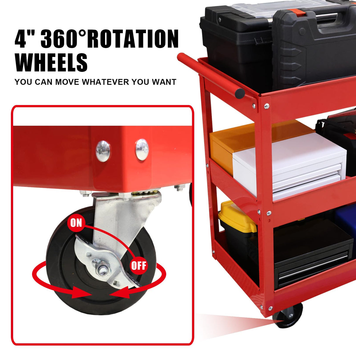 BIG RED 3-Tier Service Cart 400 lbs capacity metal cart on wheels For Garage Warehouse Workshop Use Stainless Steel Utility Cart,APTC302R,Torin BIG RED