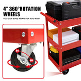 BIG RED 3-Tier Service Cart 400 lbs capacity metal cart on wheels For Garage Warehouse Workshop Use Stainless Steel Utility Cart,APTC302R,Torin BIG RED