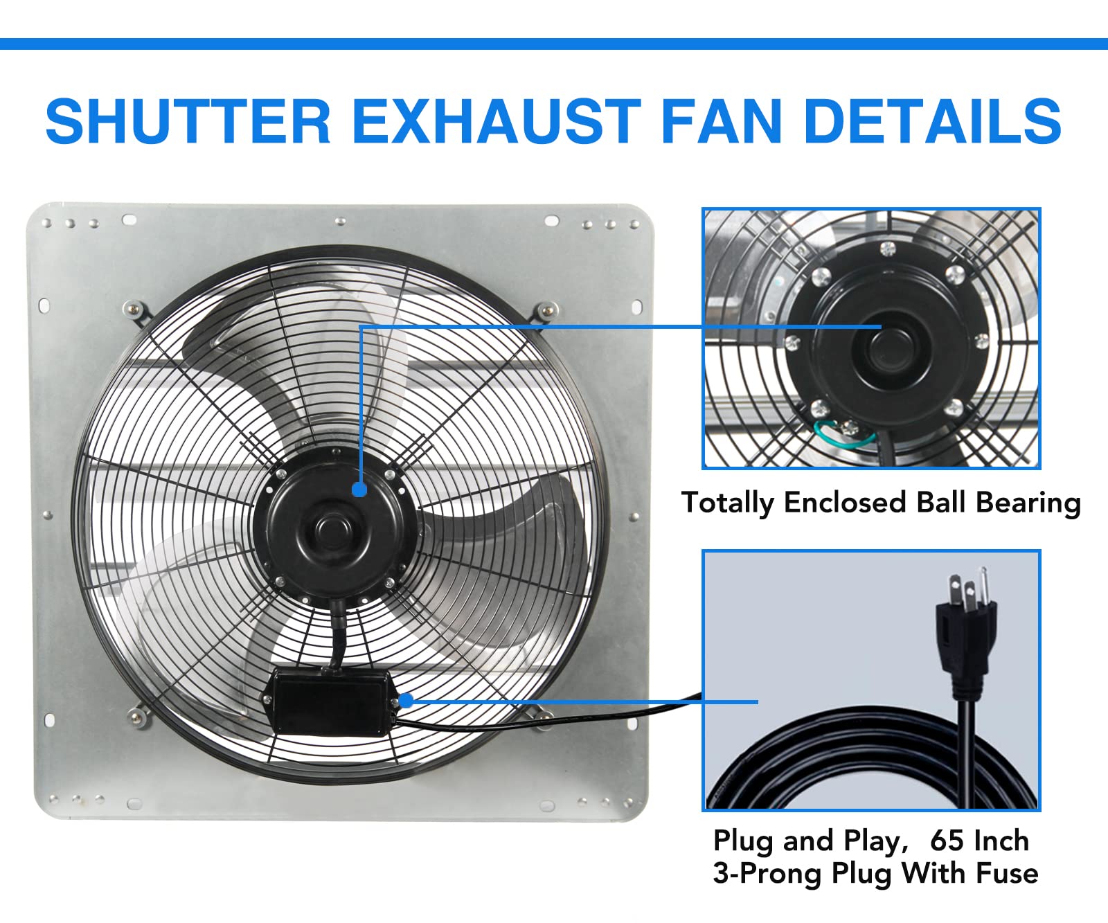 KEN BROWN 20 Inch Shutter Exhaust Fan With 1.65 Meters Power Cord Wall Mounted, High Speed 3500CFM, Vent Fan For Garages And Shops, Greenhouse,Attic - WoodArtSupply