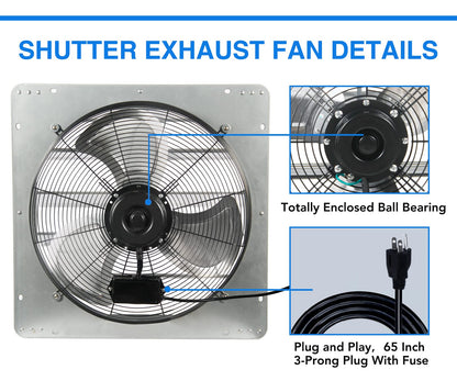 KEN BROWN 20 Inch Shutter Exhaust Fan With 1.65 Meters Power Cord Wall Mounted, High Speed 3500CFM, Vent Fan For Garages And Shops, Greenhouse,Attic - WoodArtSupply