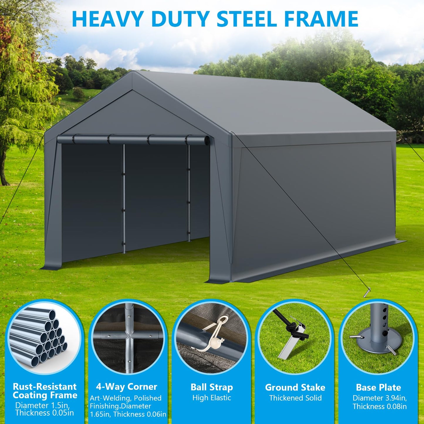 Raxmolo 10x20FT Heavy Duty Carport, Portable Garage with Removable Sidewalls and Doors for Car, Truck, SUV, UV Resistant Waterproof Carport Canopy