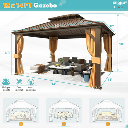 EROMMY 12'x 14' Hardtop Gazebo, Galvanized Steel Double Roof Metal Gazebo with Aluminum Frame, Permanent Outdoor Pavilion with Curtain and Netting