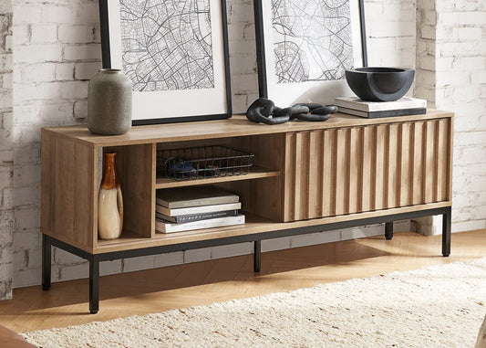 mopio Norwin 64" Rustic Industrial Modern TV Stand, Media Cabinet, TV Console Suits TV up to 70 inch, with Fluted Panel Sliding Door, Adjustable - WoodArtSupply