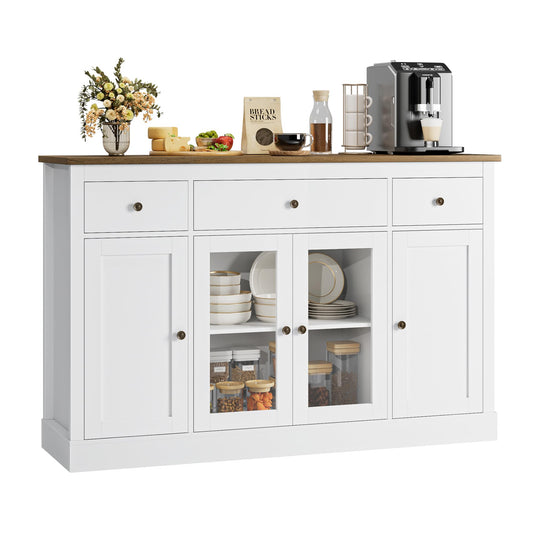 HOSTACK Sideboard Buffet Cabinet with Storage, 55" Large Kitchen with 3 Drawers Glass Doors, Modern Farmhouse Coffee Bar Cabinet, Wood Buffet Table - WoodArtSupply