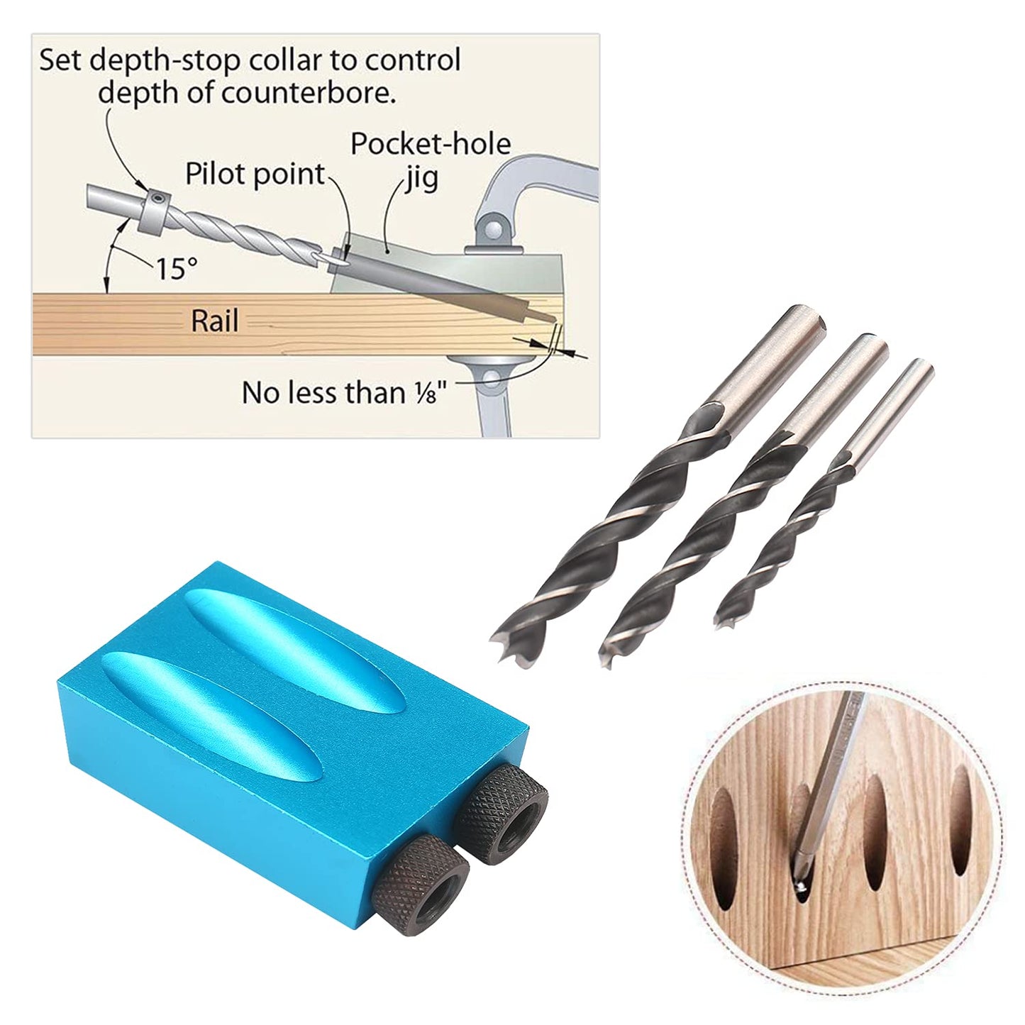 15Pcs Pocket Hole Jig, 15 Degree Dowel Drill Joinery Kit Hole Screw Jig with 6/8/10mm Drive Adapter for Woodworking Angle Drilling Holes, Angle