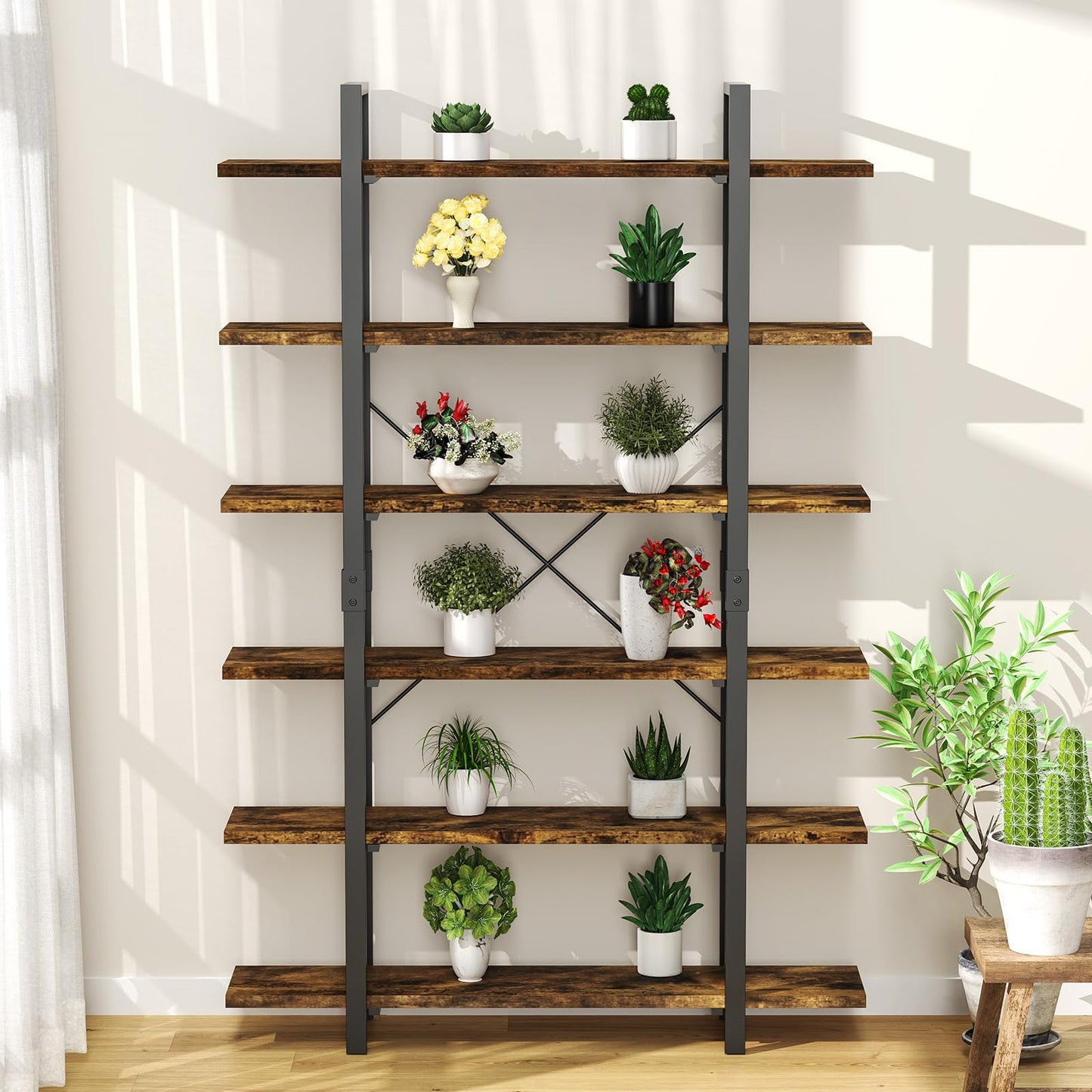 Tall 6-Tier Industrial Style Bookshelf with Rustic Wooden Shelves and Metal Frame - WoodArtSupply