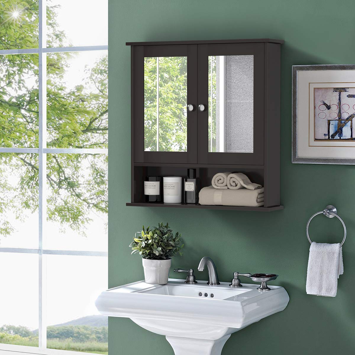 Tangkula Bathroom Cabinet Wall Mounted with Double Mirror Doors, Wood Hanging Cabinet with Doors and Shelves, Bathroom Wall Mirror Cabinet (Brown)