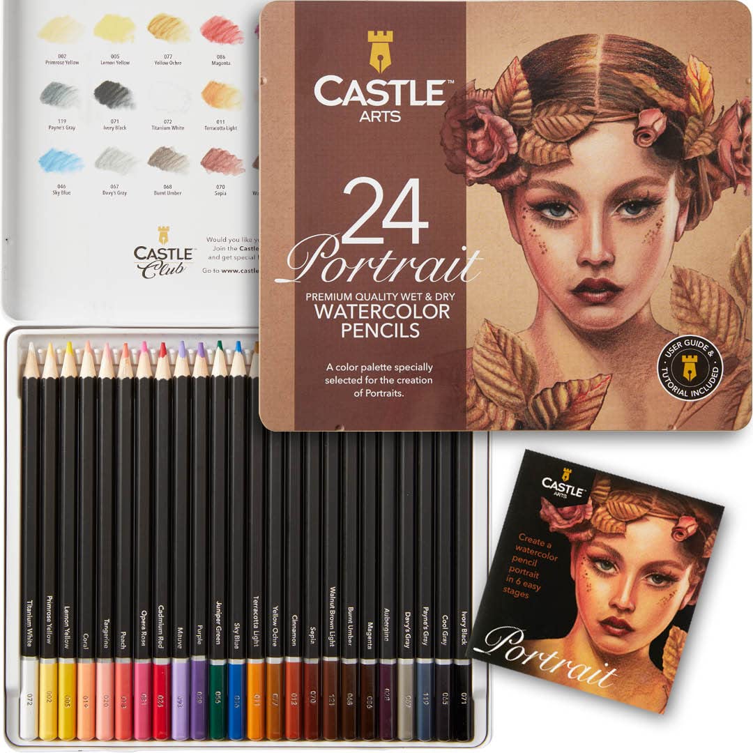 Castle Art Supplies Portraits Themed Watercolor Pencils Set | 24 Quality, Selected Vibrant Colors | Draw and Paint at the Same Time | For Adult Castle Art Supplies