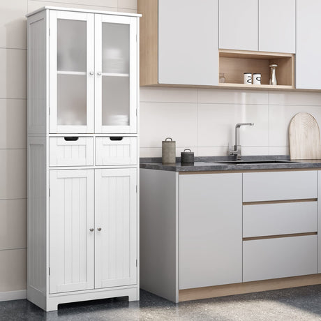 HORSTORS 67" Tall Storage Cabinet, Freestanding Pantry Cabinet with Glass Door and Shelves, Linen Bathroom Cabinet with 2 Drawers for Living Room, HORSTORS