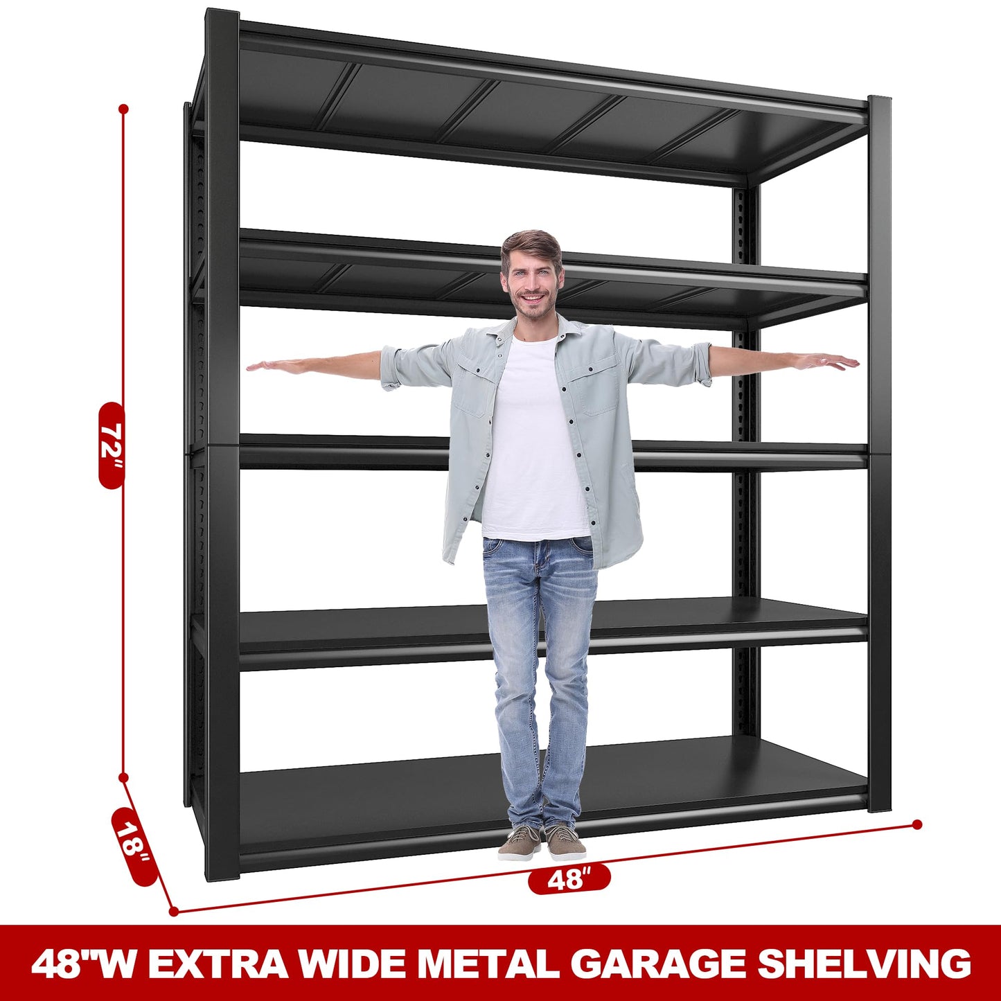 REIBII 48''W Garage Shelving 2500LBS Heavy Duty Storage Shelves 72''H Heavy Duty Metal Shelving Adjustable 5 Tier Metal Shelves for Storage Rack - WoodArtSupply