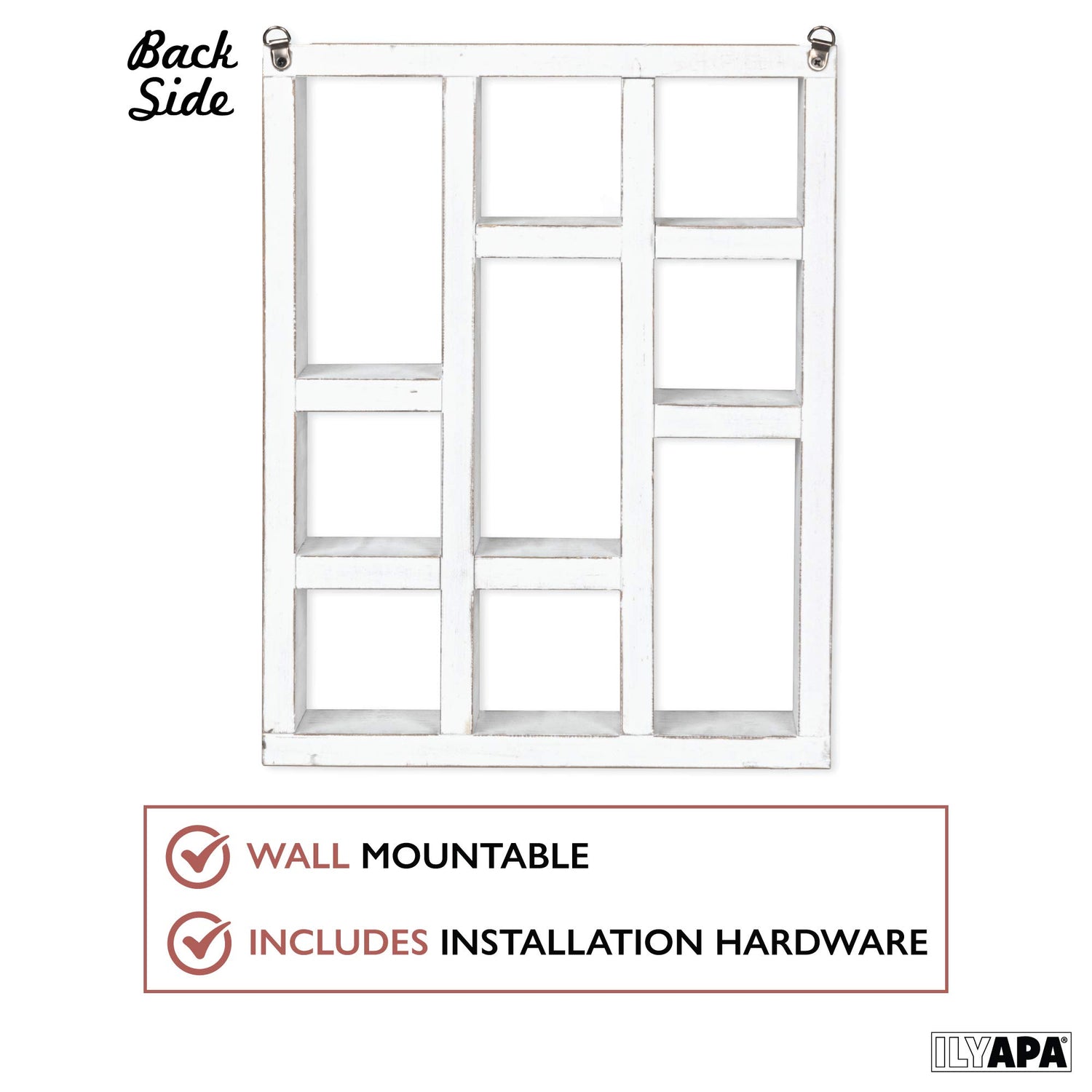 Ilyapa Rustic Wood Knick Knack Floating Shelf Weathered White - Wall Mounted or Freestanding Farmhouse Decor Display Case for Essential Oils, Ilyapa