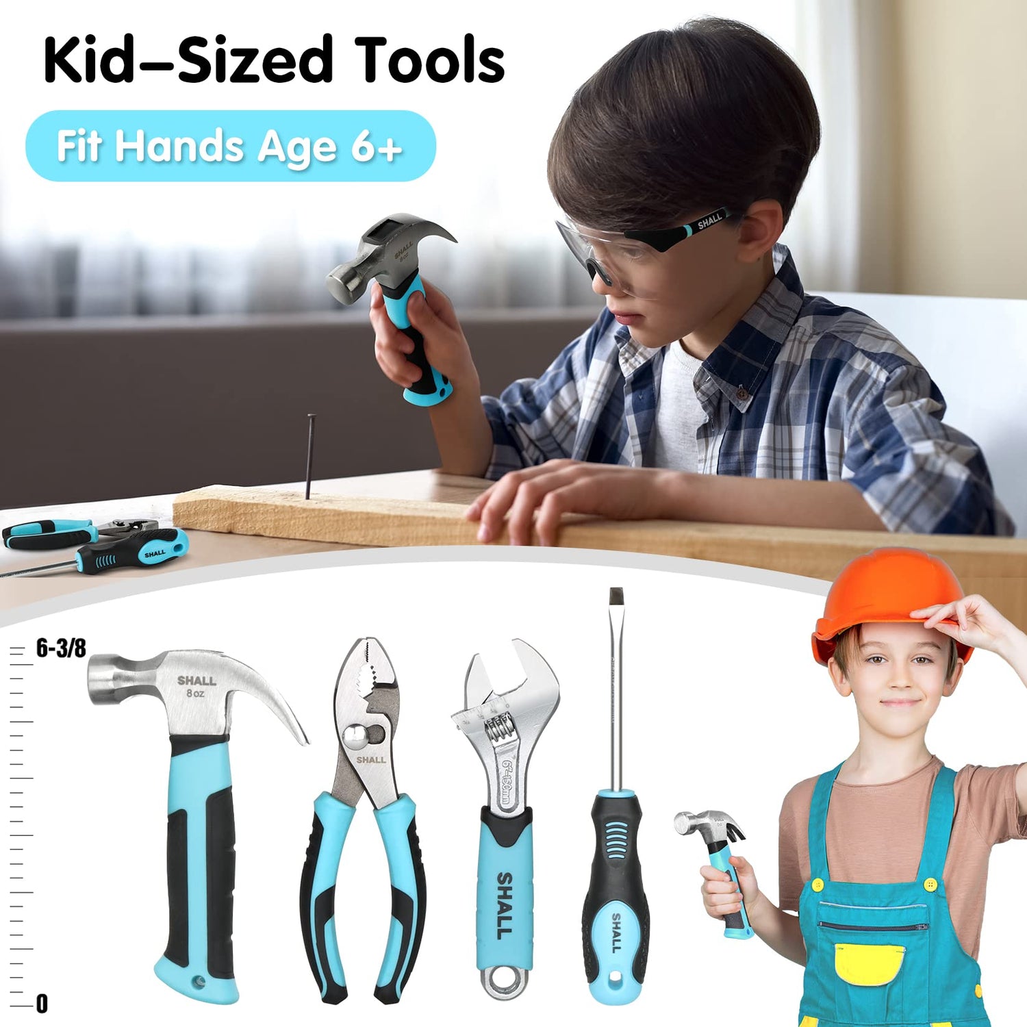 SHALL 26-Piece Kids Size Tool Set, Real Tools Kit for Kids with 12" Tool Bag, Safety Certified Children Learning Tool Set with Hand Tools for Boys & SHALL