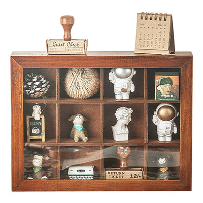 Mini Clear Display Wood Cabinet with 12 Slots - Collectibles Display Case - Wooden Floating Shelves for Display & Home Decor - Vintage Style Wood