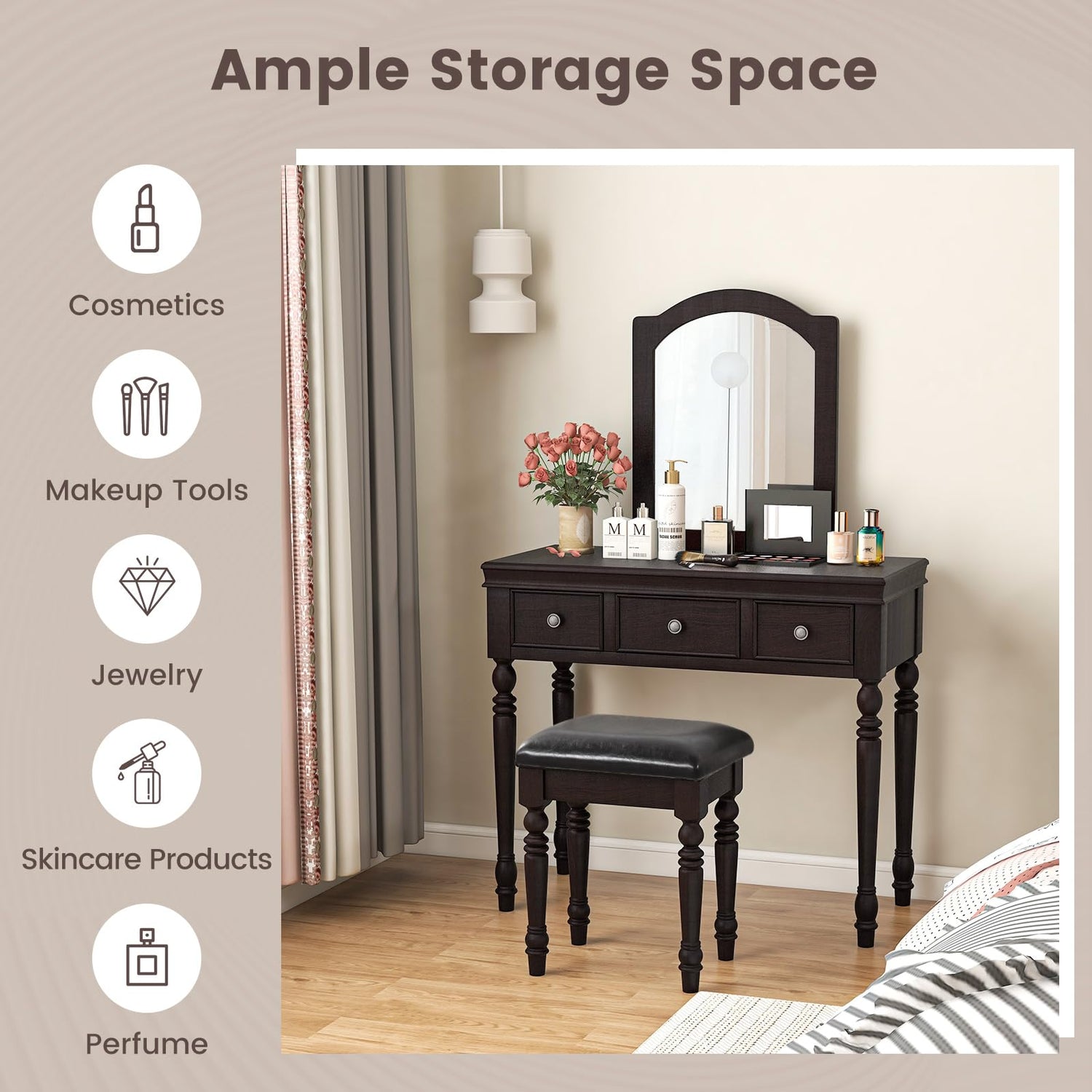 CHARMAID Makeup Vanity Desk with Mirror and Stool, 34'' Wide Vanity Table Set with Large Mirror, 3 Drawers, Cushioned Stool, Solid Wood Legs, Bedroom CHARMAID