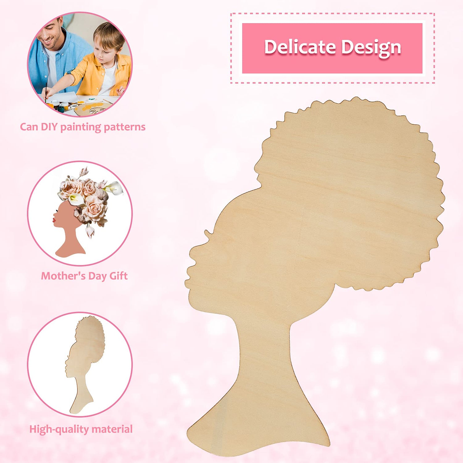 2 Pieces African Girl Wooden Cutouts DIY Wooden Template Silhouette Mother and Child Wreath DIY Template Head Wooden Silhouette for DIY Mother's Day Jetec