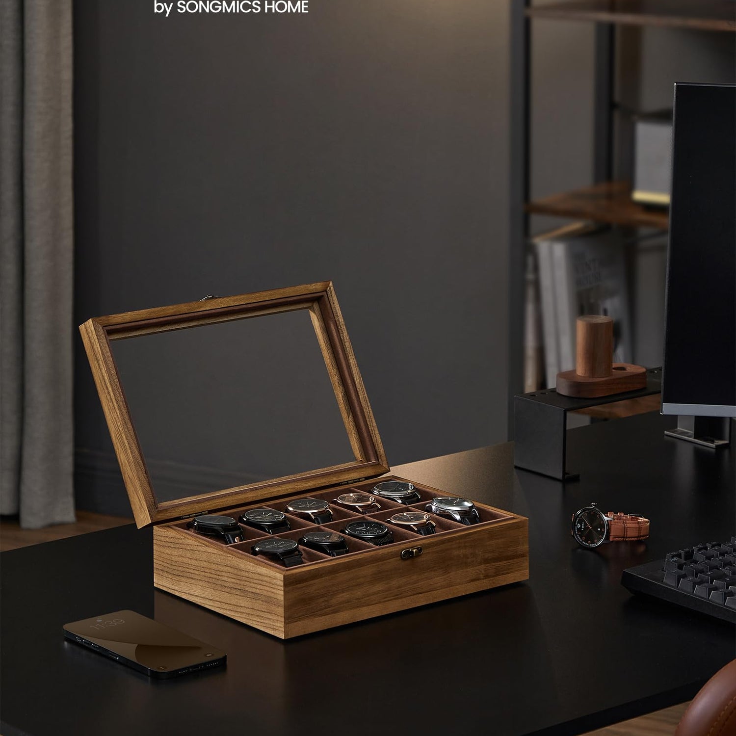 SONGMICS Watch Box, 10-Slot Watch Case, Solid Wood Watch Box Organizer with Large Glass Lid, Watch Display Case with Removable Pillows, Gift for SONGMICS