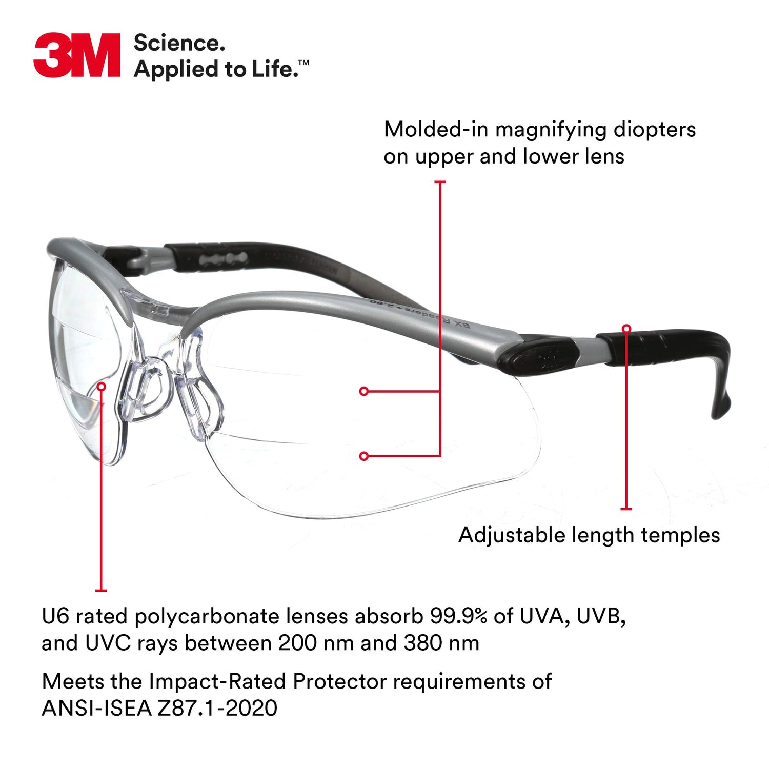 3M Safety Glasses, BX Dual Readers, +2.0, ANSI Z87, Anti-Fog Clear Lens, Silver/Black Frame, Adjustable Length Temples and Lens Angle 3M