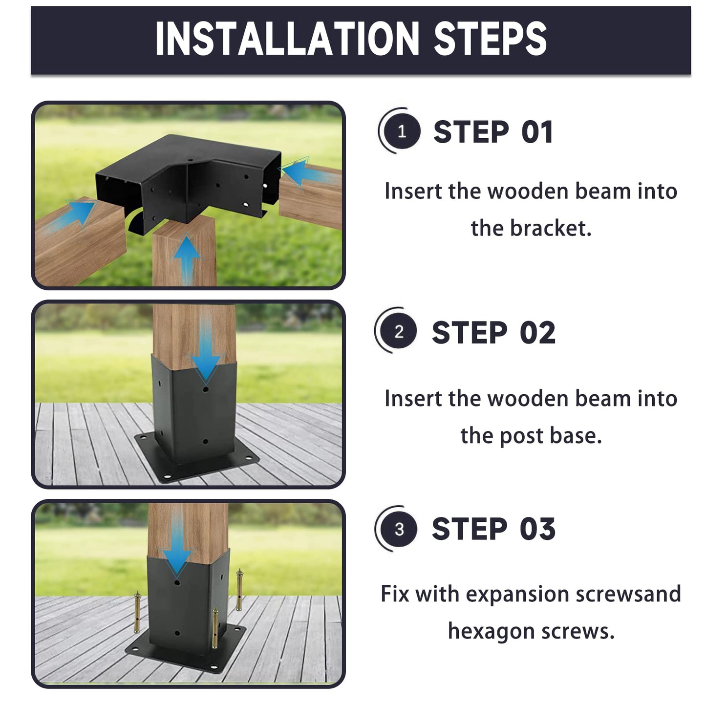 3-Way DIY Pergola Bracket Kit for 4x4 Inch Wood Beams - Huzxbw Ideal for DIY Pergola Projects (3-Way Corne Brackets with Post Bases)… - WoodArtSupply