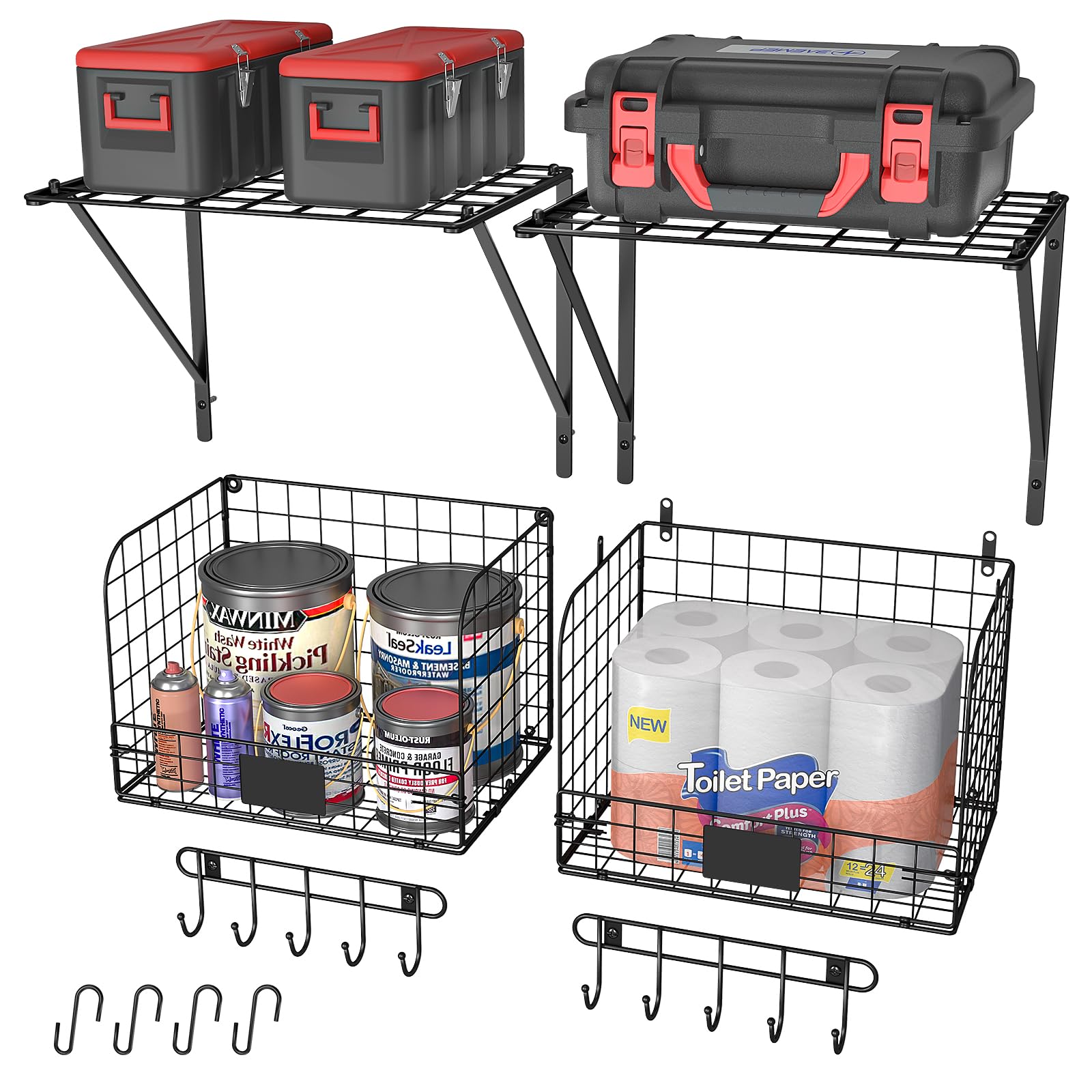 ThreeHio 2 Pack Garage Shelves Wall Mounted with Wire baskets, Heavy Duty Garage Wall Shelving with Hooks, Wire Shelf Baskets Tool Organizer for Home - WoodArtSupply