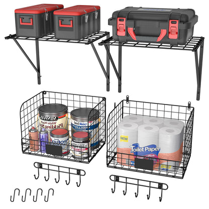 ThreeHio 2 Pack Garage Shelves Wall Mounted with Wire baskets, Heavy Duty Garage Wall Shelving with Hooks, Wire Shelf Baskets Tool Organizer for Home - WoodArtSupply