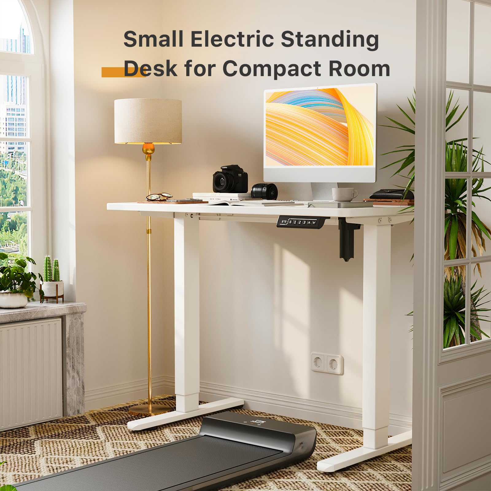 JOY worker Small Electric Standing Desk, 35" x 20" Whole Piece Height Adjustable Desk with Memory Controller, White Sit to Stand Desk Workstation for - WoodArtSupply