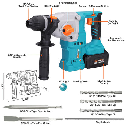 Berserker 20V Cordless 1-1/8" Rotary Hammer Drill SDS-Plus Brushless Motor with Safety Clutch, 4.0Ah Lithium-Ion Battery Powered, 3.0A Fast Charger,