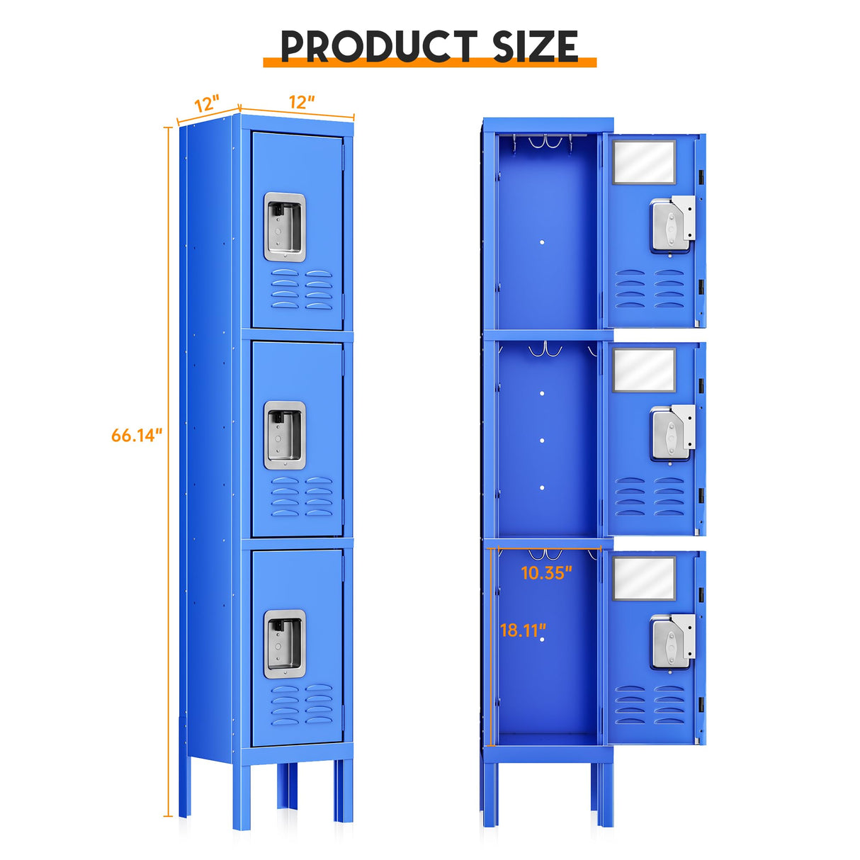 INTERGREAT Storage Locker for Employee,Office,Metal Gym Locker with 3 Door,Steel Blue Locker Cabinet Organization for School, Free Standing INTERGREAT