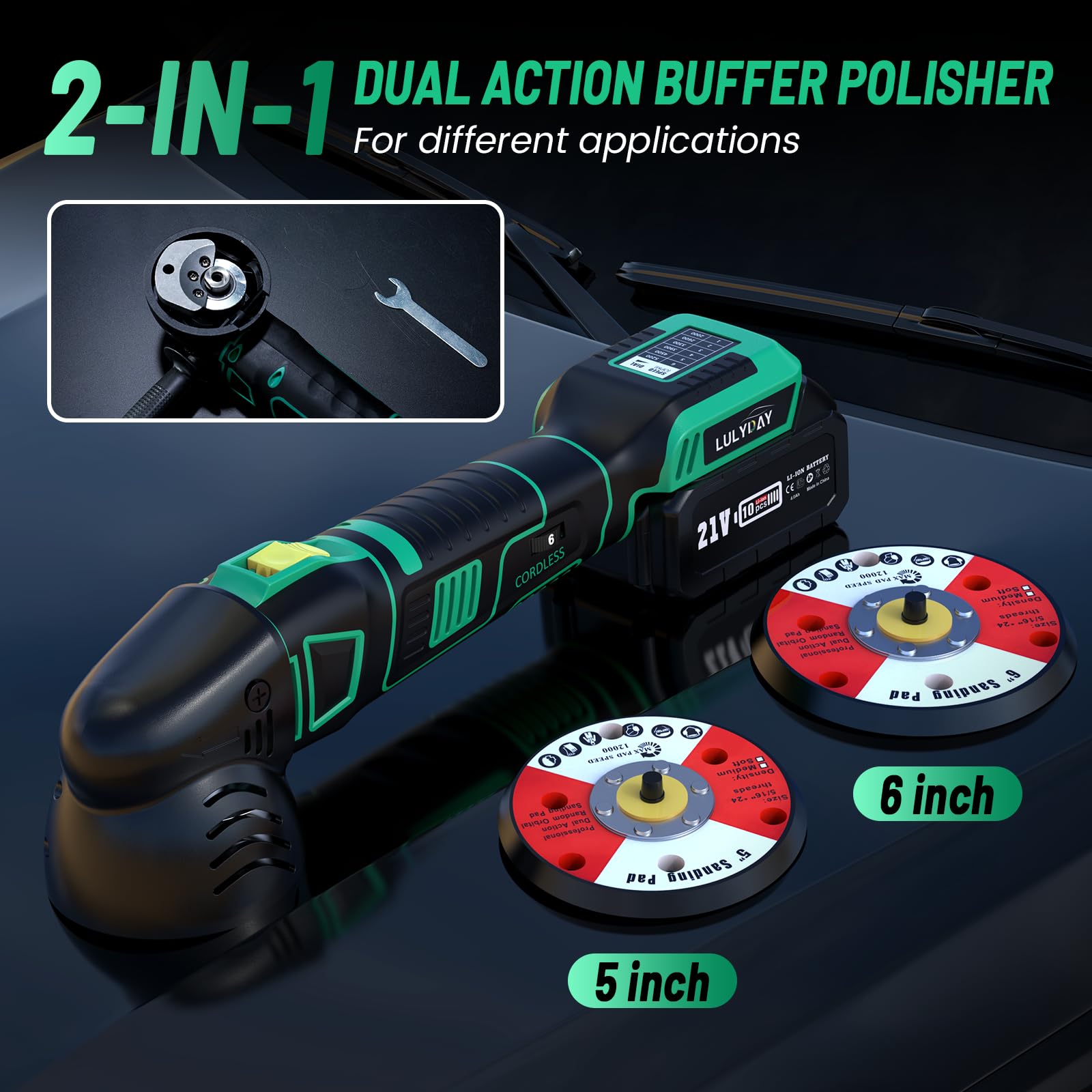 LULYDAY 21V Cordless Buffer Polisher, 5 & 6 inch Car Buffer Polisher with 15mm Random Orbital, w/ 2 X 4.0Ah Batteries, 6 Variable Speed Dual Action - WoodArtSupply