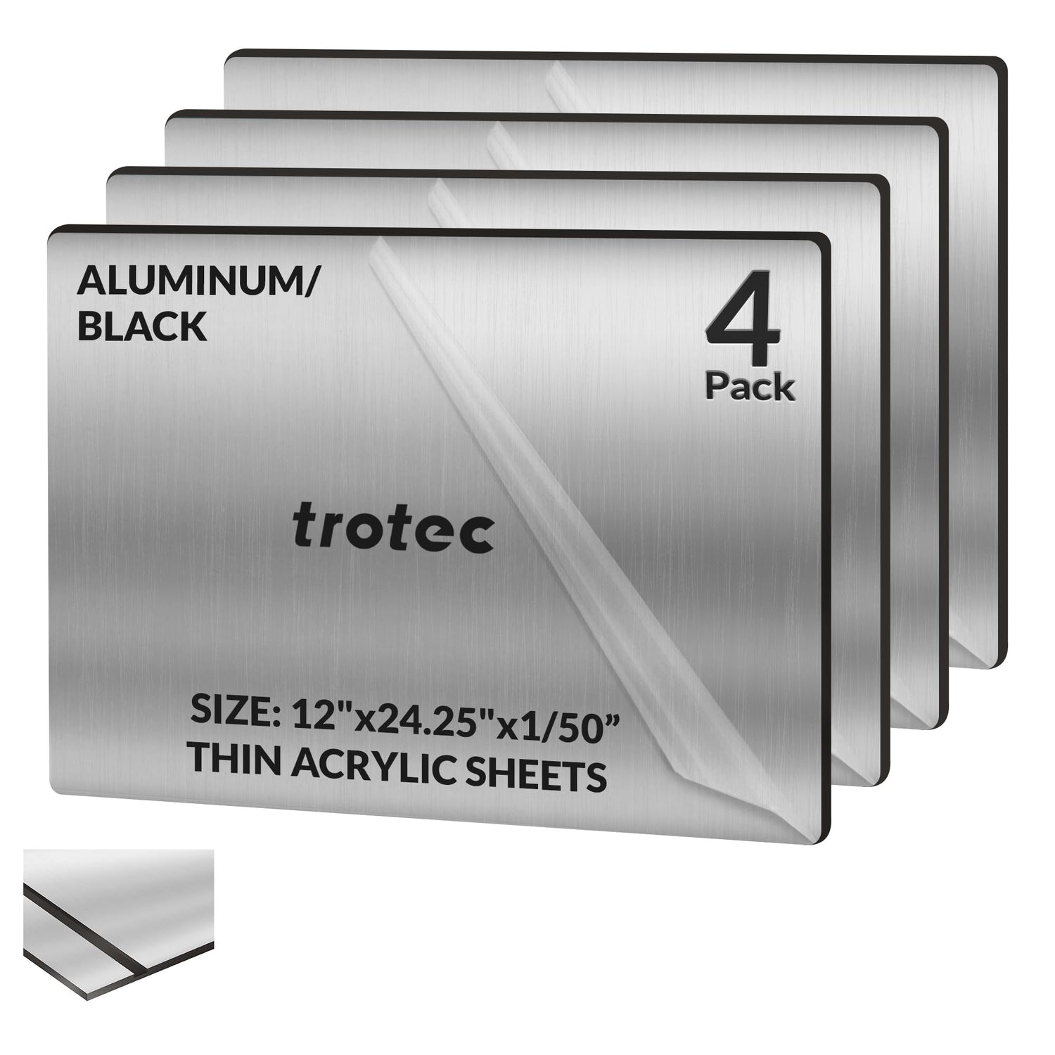 Trotec | Thin Acrylic Sheet | 4 Pcs | Aluminum/Black | Matte, Gloss & Brushed Metal Finish | 24.25”x12”x 1/50” | 2 Ply | Acrylic Panels for Laser TROTEC