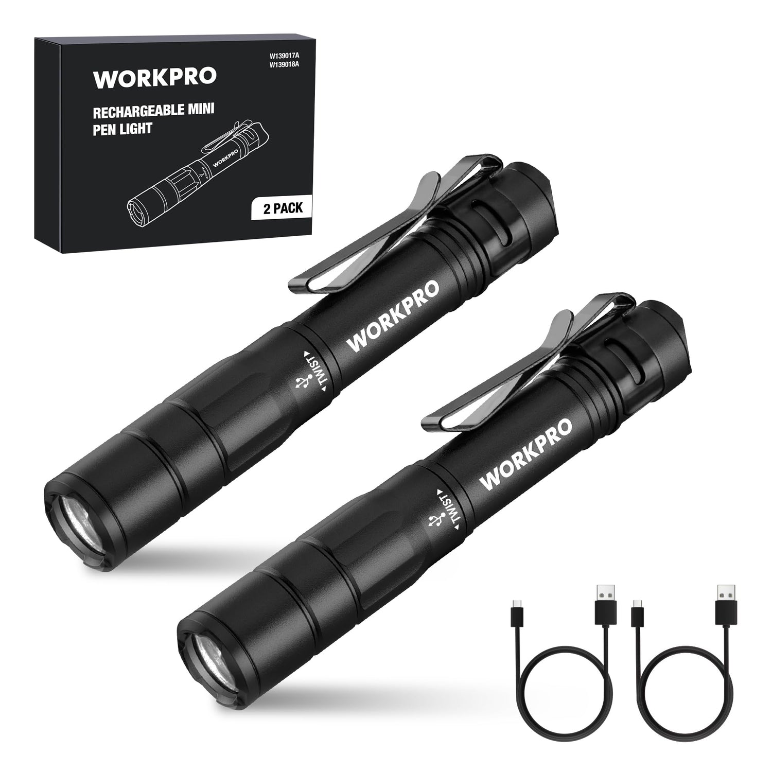 WORKPRO Rechargeable Pen Light, Mini Flashlight, 2 Pack Ultra-Compact EDC Flashlight, Pocket Flashlight with Clip, Memory Function and 2 x USB C WORKPRO