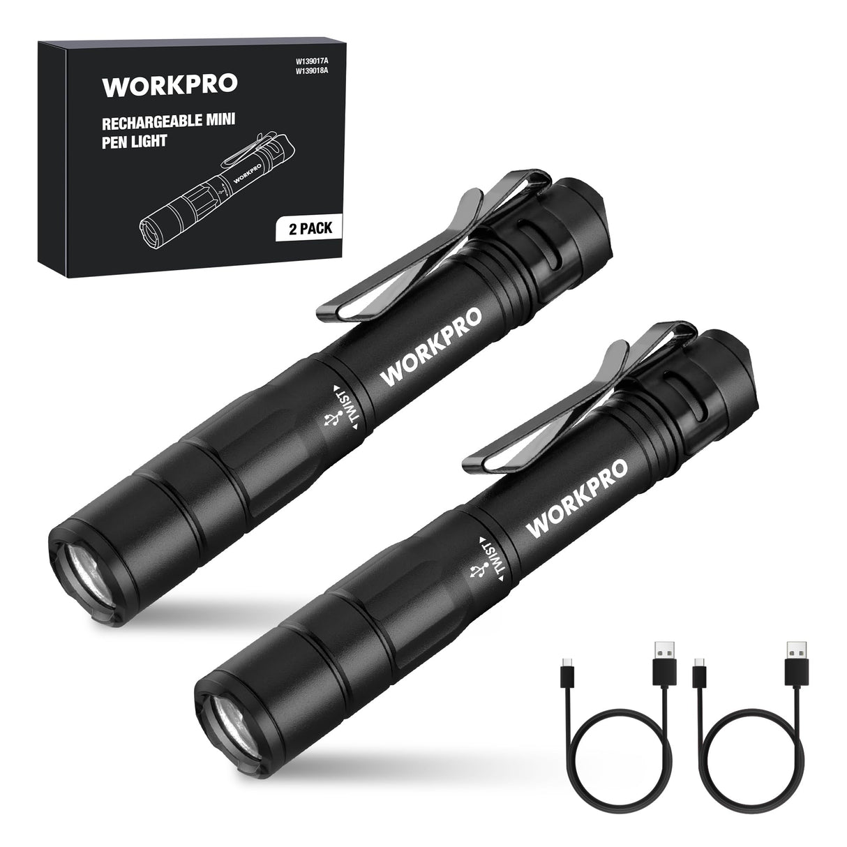 WORKPRO Rechargeable Pen Light, Mini Flashlight, 2 Pack Ultra-Compact EDC Flashlight, Pocket Flashlight with Clip, Memory Function and 2 x USB C WORKPRO