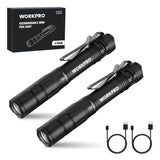 WORKPRO Rechargeable Pen Light, Mini Flashlight, 2 Pack Ultra-Compact EDC Flashlight, Pocket Flashlight with Clip, Memory Function and 2 x USB C WORKPRO