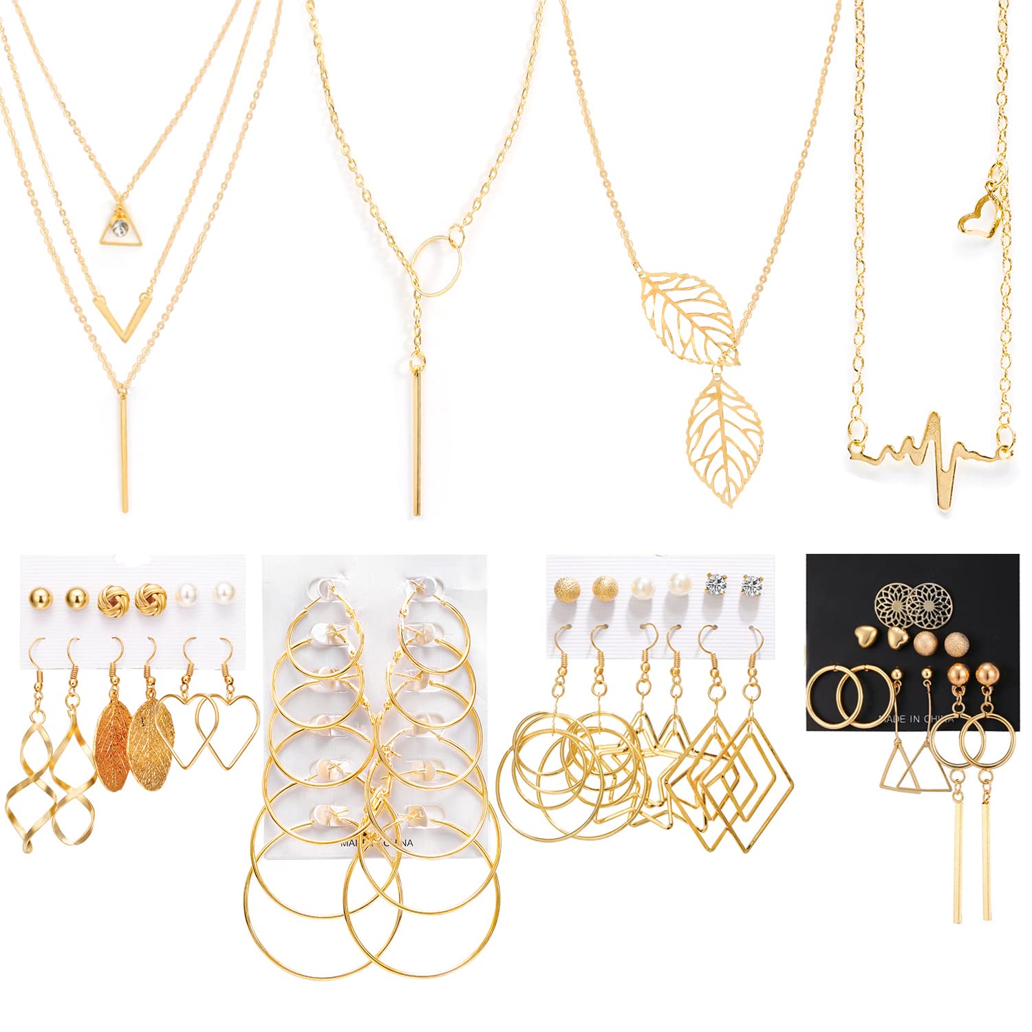 Necklace and Earring Jewelry Set, with 24 Pairs Layered Ball Dangle Hoop Stud Earrings and 4 PCS Necklaces of Different Lengths for Women Jewelry - WoodArtSupply