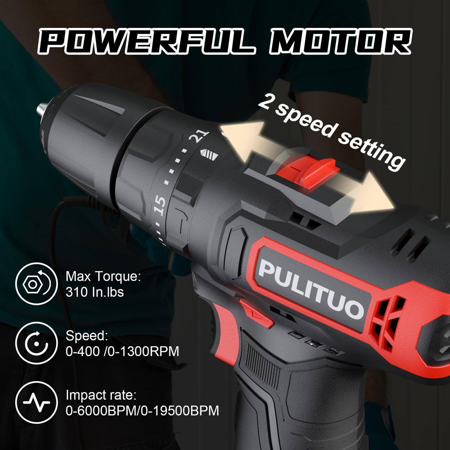 PULITUO Cordless Drill Driver Set, 12V Electric Power Hand Drill Torque 310In.lbs with 21+1& Impact Level Setting, 3/8” Keyless Chuck, 2 Variable - WoodArtSupply