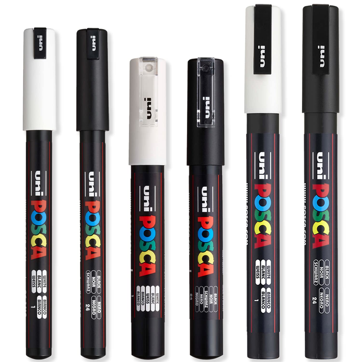 Posca - Ultra Fine to Fine Paint Marker Pens Set - PC-1MR, PC-1M, PC-3M - White & Black Ink - Pack of 6 posca