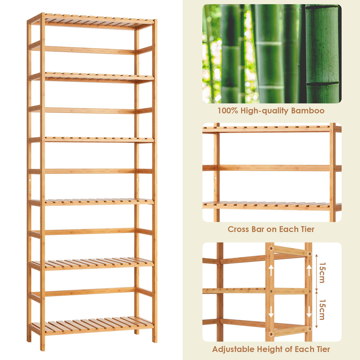 FOTOSOK 6-Tier Adjustable Bamboo Shelf Bookcase – Elegant Free Standing Storage Unit for Home & Garden FOTOSOK