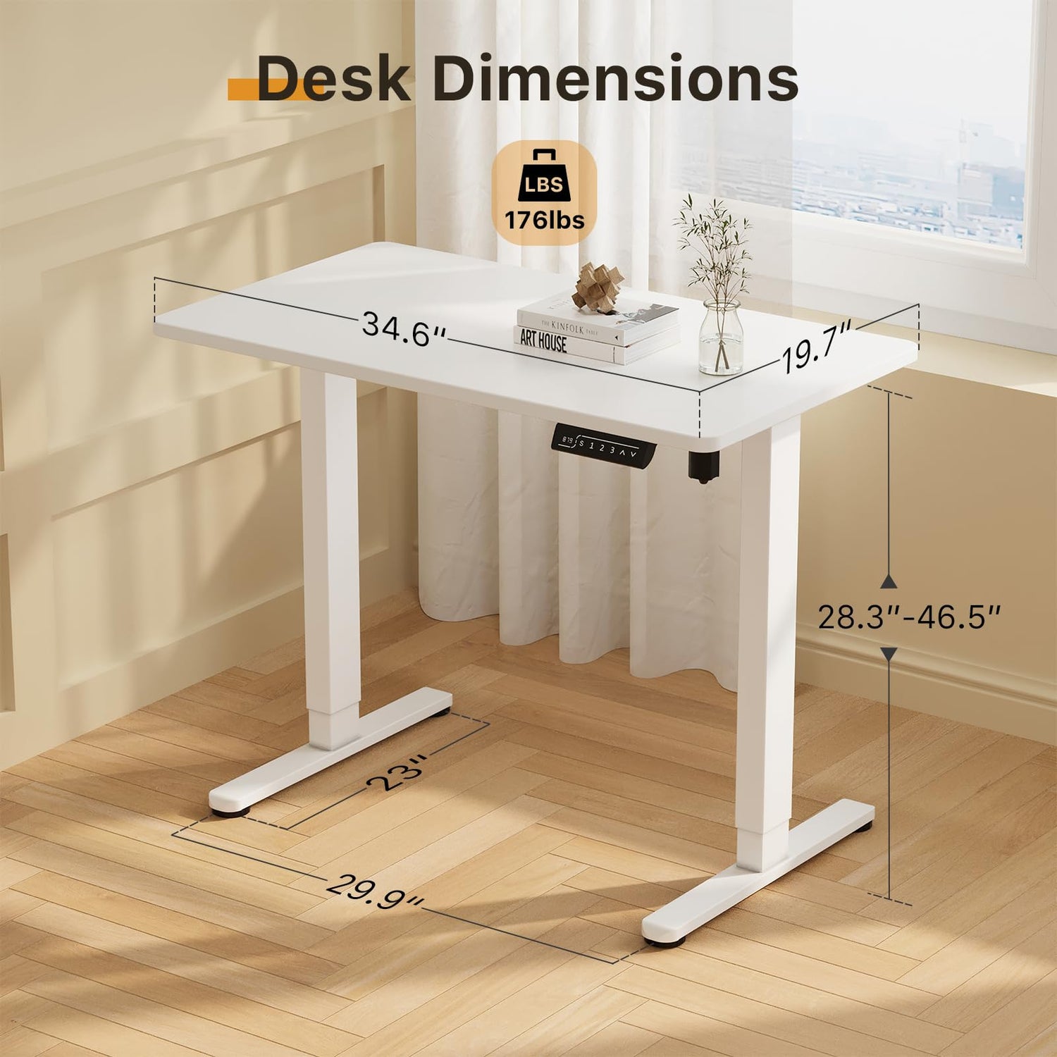 JOY worker Small Electric Standing Desk, 35" x 20" Whole Piece Height Adjustable Desk with Memory Controller, White Sit to Stand Desk Workstation for JOY worker