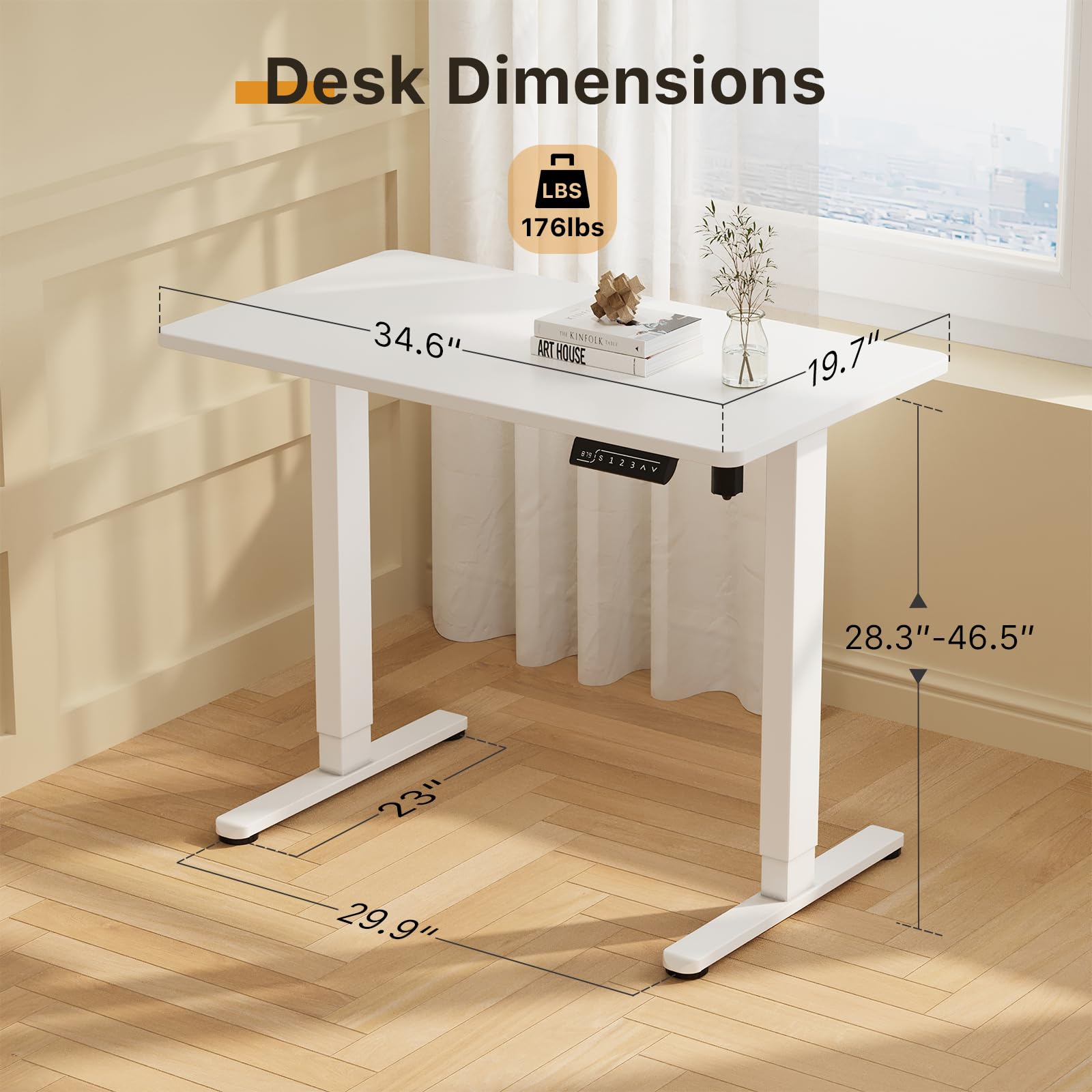 JOY worker Small Electric Standing Desk, 35" x 20" Whole Piece Height Adjustable Desk with Memory Controller, White Sit to Stand Desk Workstation for - WoodArtSupply