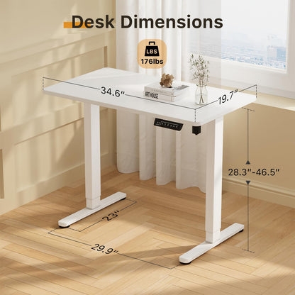 JOY worker Small Electric Standing Desk, 35" x 20" Whole Piece Height Adjustable Desk with Memory Controller, White Sit to Stand Desk Workstation for - WoodArtSupply