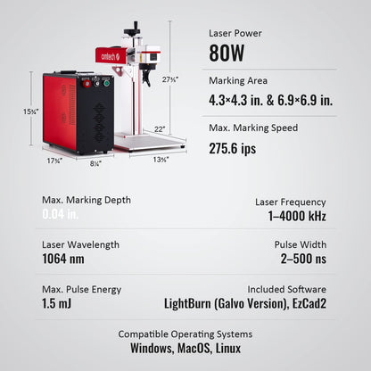 OMTech 80W MOPA Fiber Laser Marking Machine with LightBurn & Rotary Axis, Galvo Laser Engraver with 7x7 & 4x4 Inch Work Areas for Color Marking, JPT