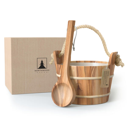 NORTHWOOD Sauna Bucket and Ladle Set - Handmade from Canadian Red Cedar Wood - Plastic Liner and Rope Handle