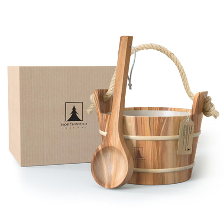 NORTHWOOD Sauna Bucket and Ladle Set - Handmade from Canadian Red Cedar Wood - Plastic Liner and Rope Handle Northwood Sauna