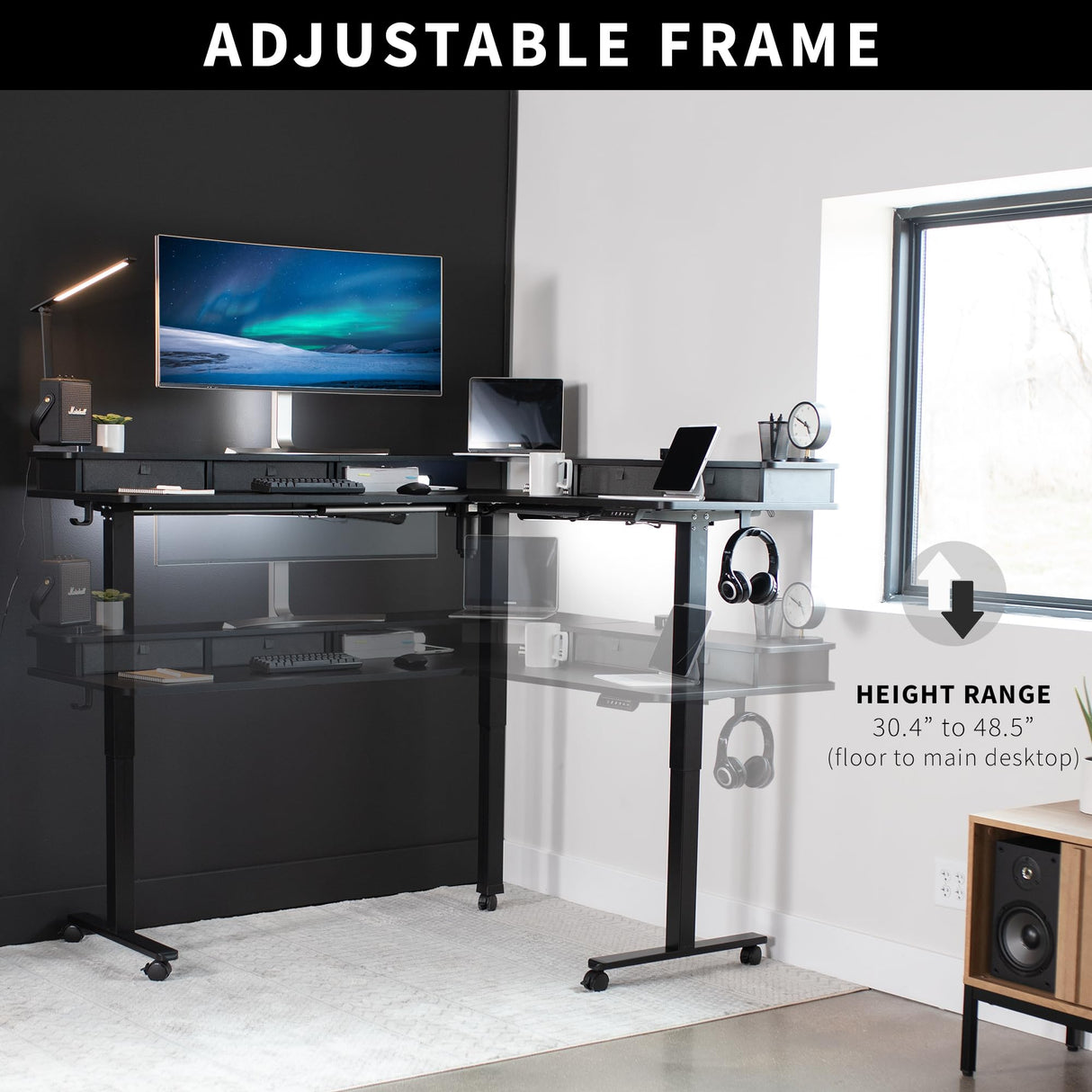 VIVO Electric 2-Tier Height Adjustable 63 x 55 inch Stand Up Corner Desk, L-Shaped Mobile Table with Memory Controller, Black Table Top, Black Frame, VIVO