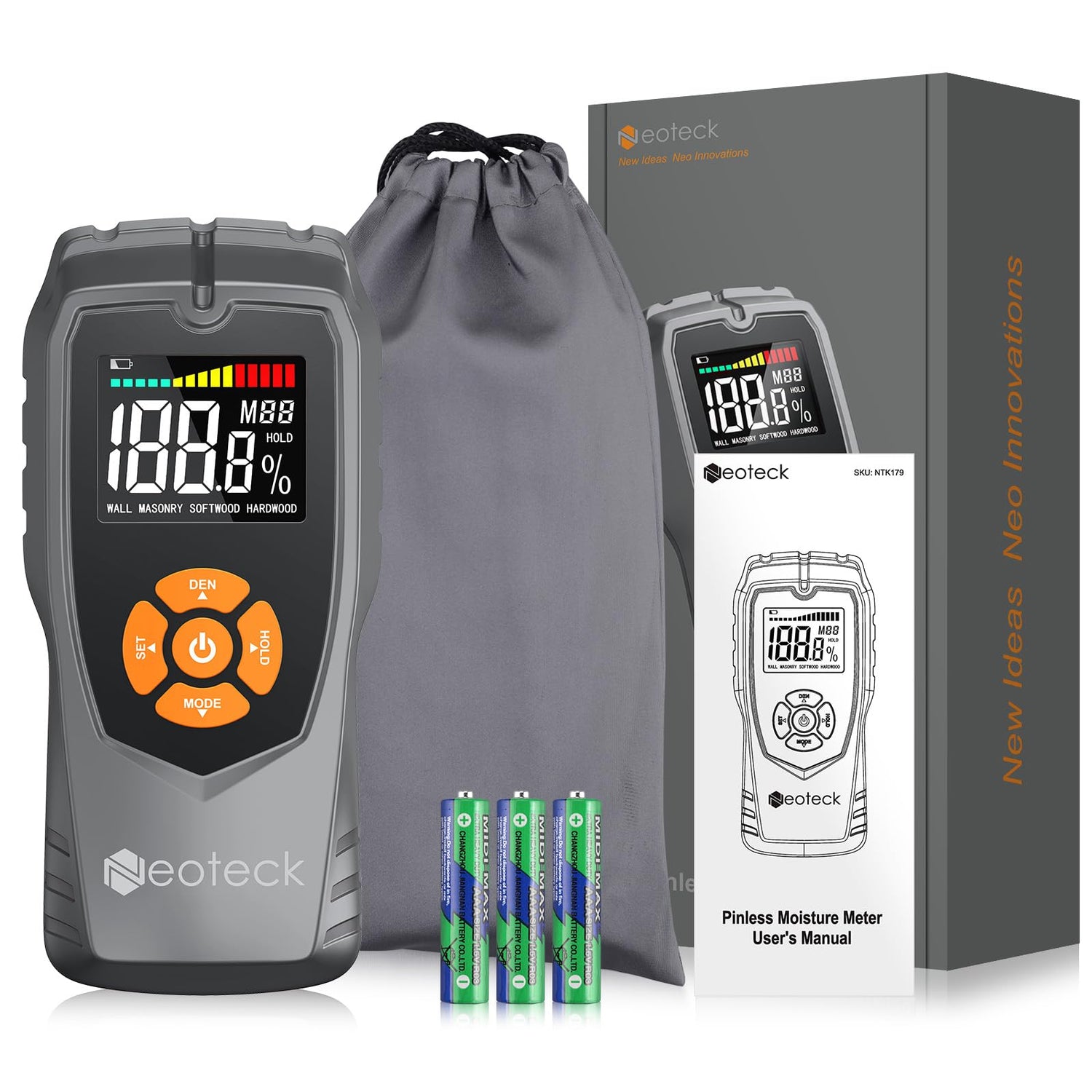 Neoteck Pinless Moisture Meter Non-Destructive Wood Moisture Meter Wood Moisture Detector with LCD Display Sound Alarm for Walls, Drywall, Wood, Neoteck