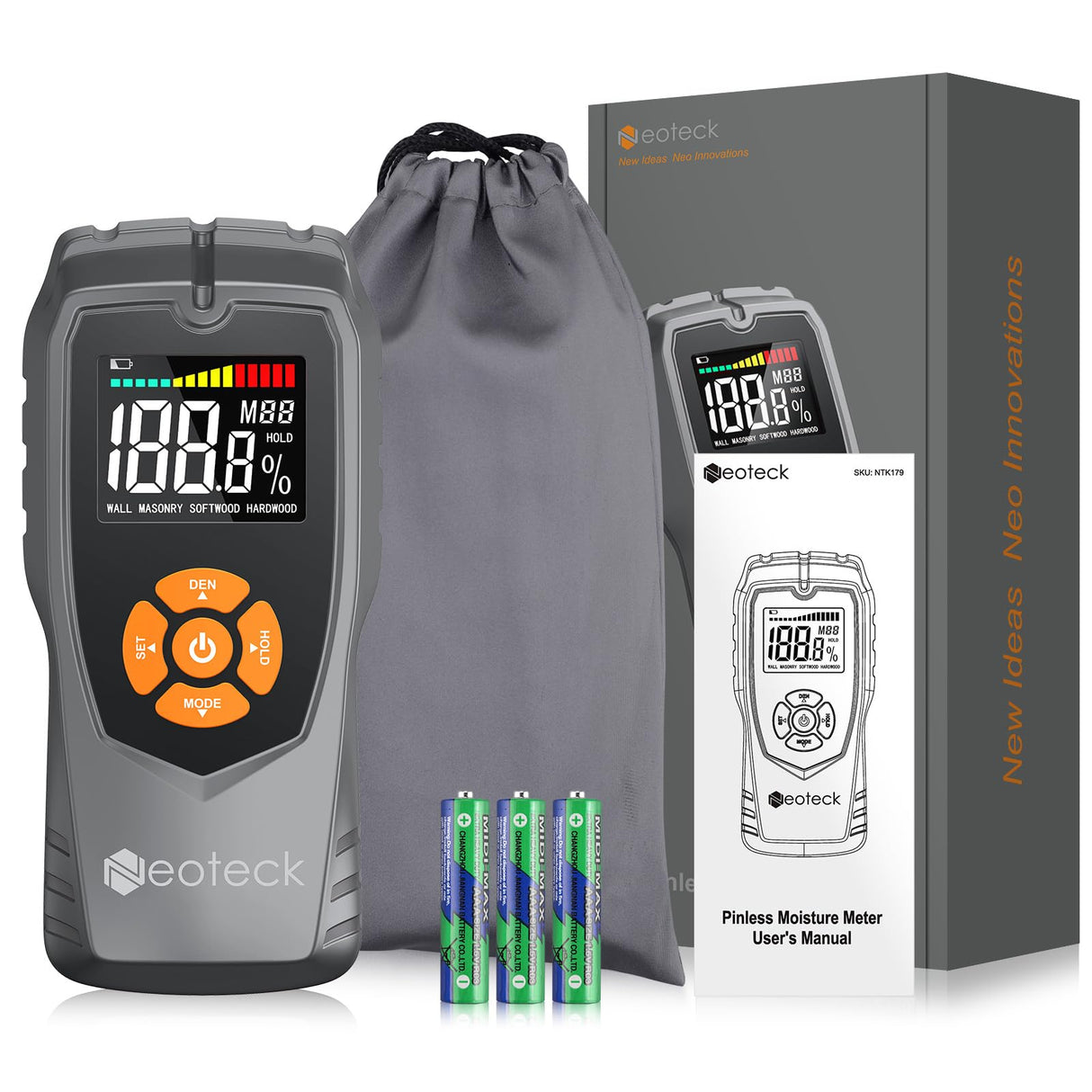 Neoteck Pinless Moisture Meter Non-Destructive Wood Moisture Meter Wood Moisture Detector with LCD Display Sound Alarm for Walls, Drywall, Wood, Neoteck